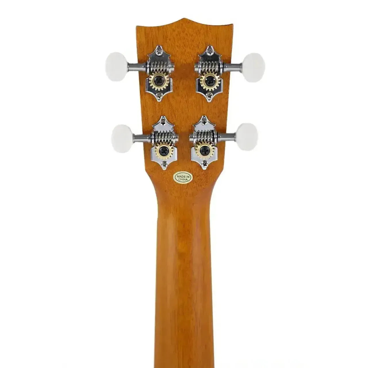 Back of Ohana VK-70 soprano ukulele headstock and neck, showing open-geared tuners with white buttons.