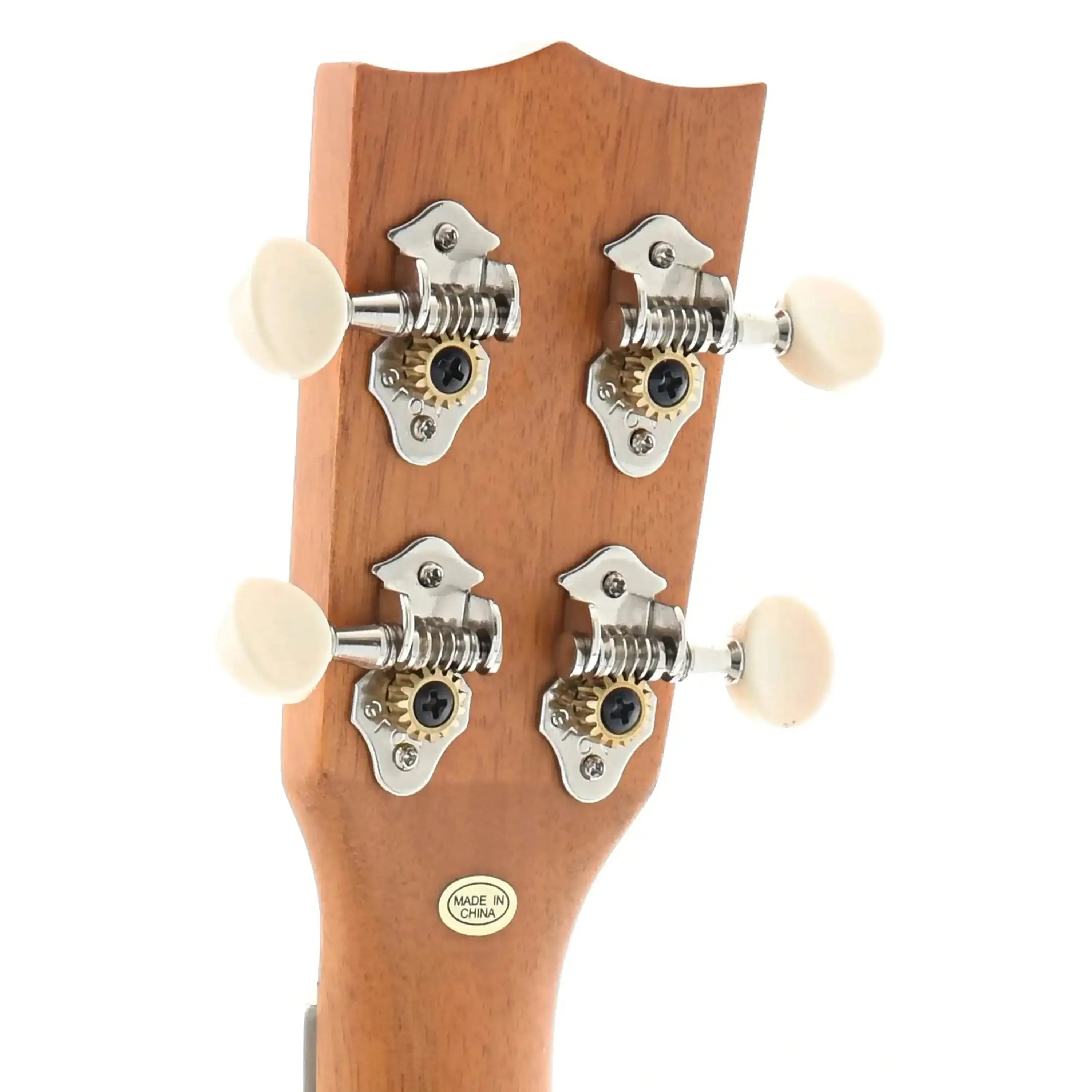 Back of Ohana VKC-70 Concert Ukulele headstock with four cream-colored tuning pegs and silver hardware.