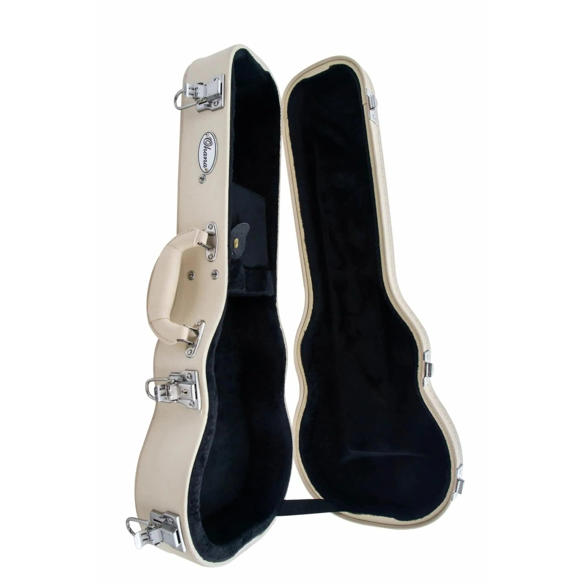 Ohana WEM-27 white tenor ukulele hardshell case with black plush interior and chrome latches.