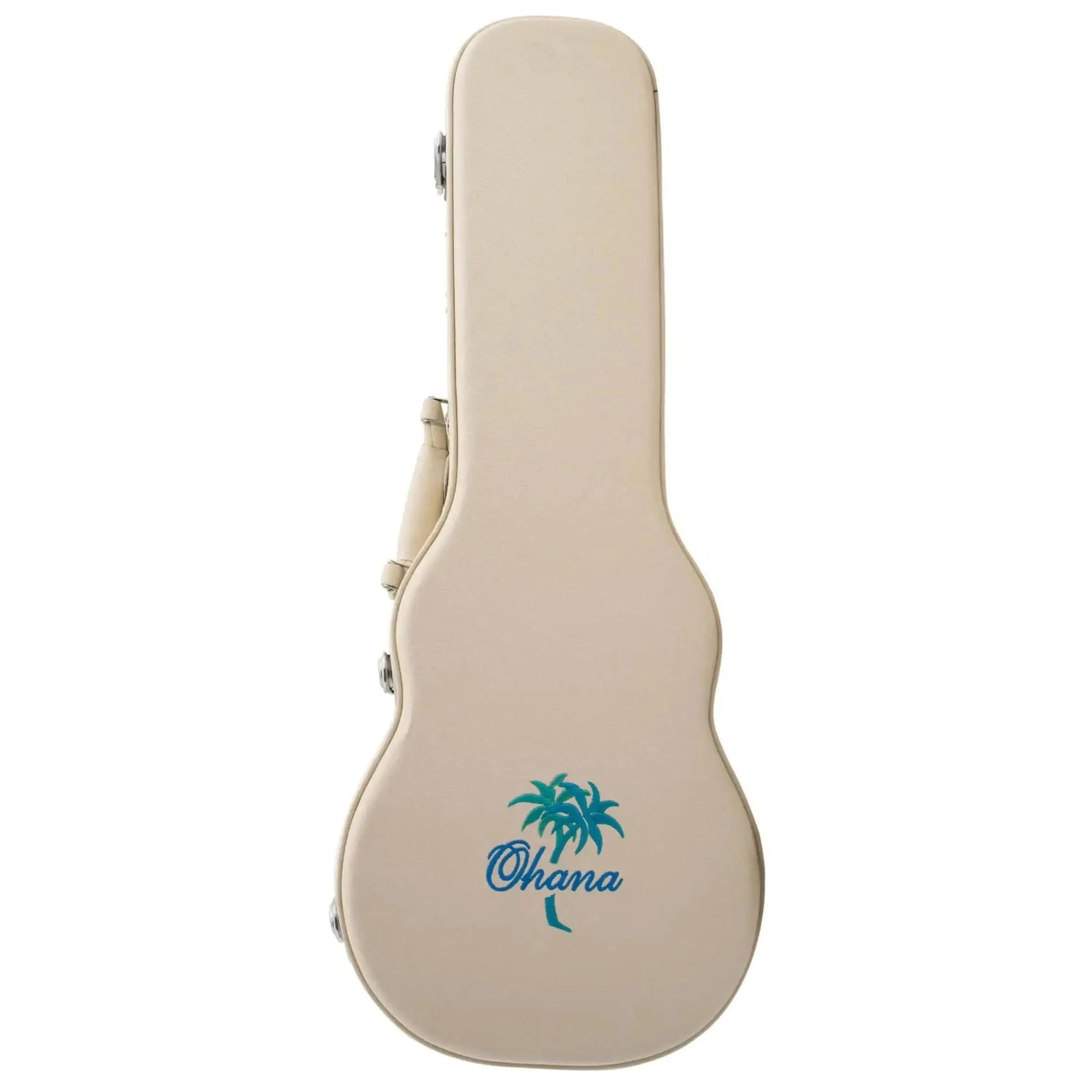 Ohana WEM-27 white tenor ukulele hardshell case with blue palm tree logo.