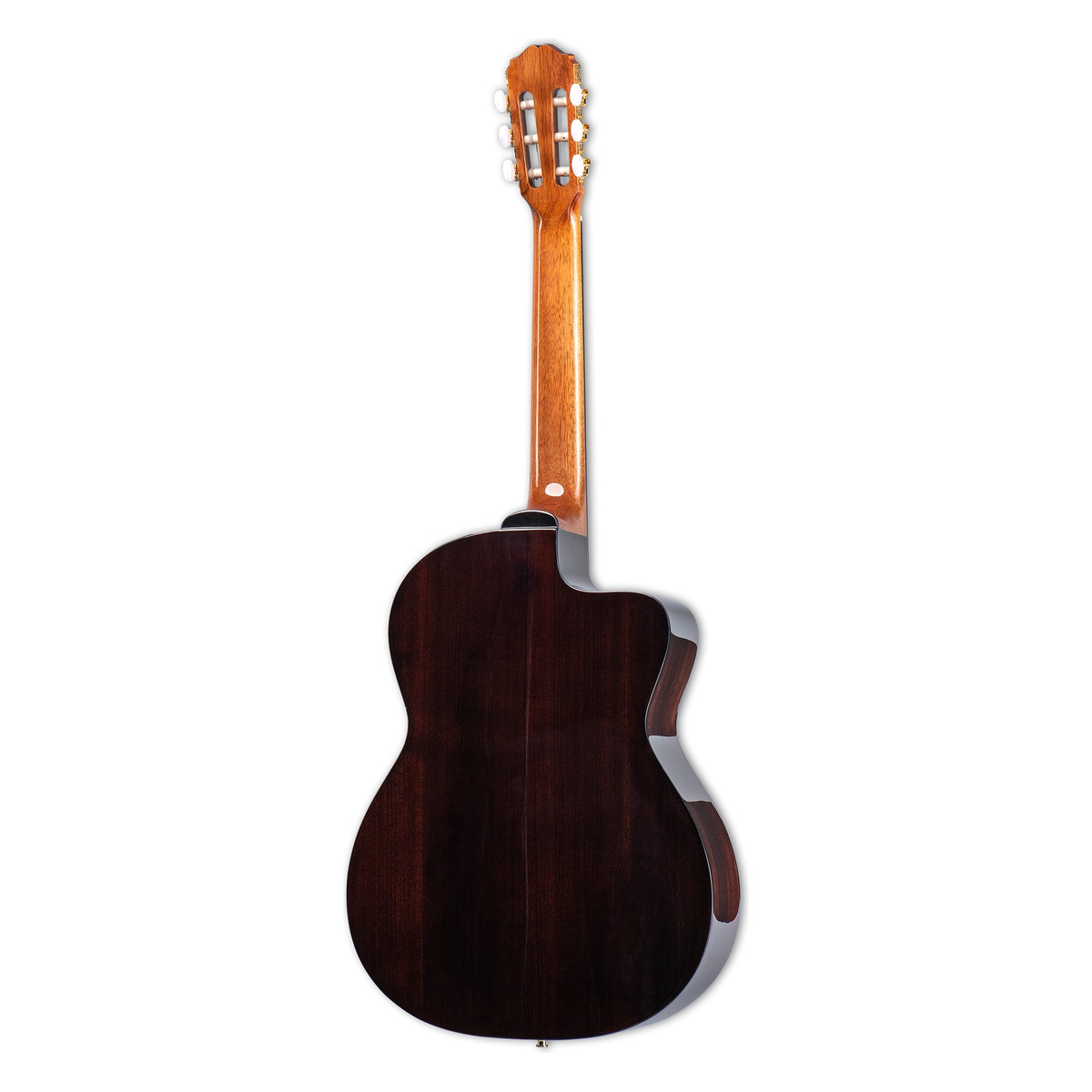 Back of the Takamine GC5CE left-handed classical guitar in dark black walnut with a cutaway and a mahogany neck.