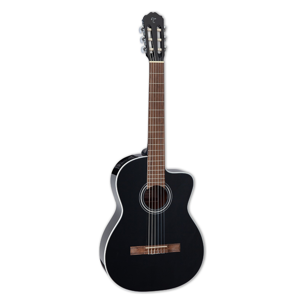 Takamine GC2CE classical cutaway acoustic-electric guitar in gloss black with chrome tuners, standing upright.