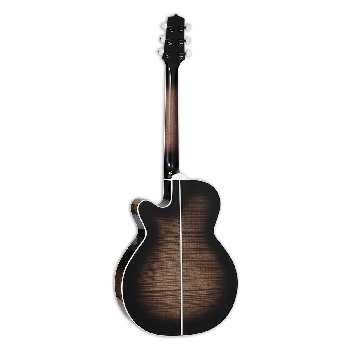 Back and neck of the Takamine EF450C TT in flamed maple with a blackburst finish, standing upright.