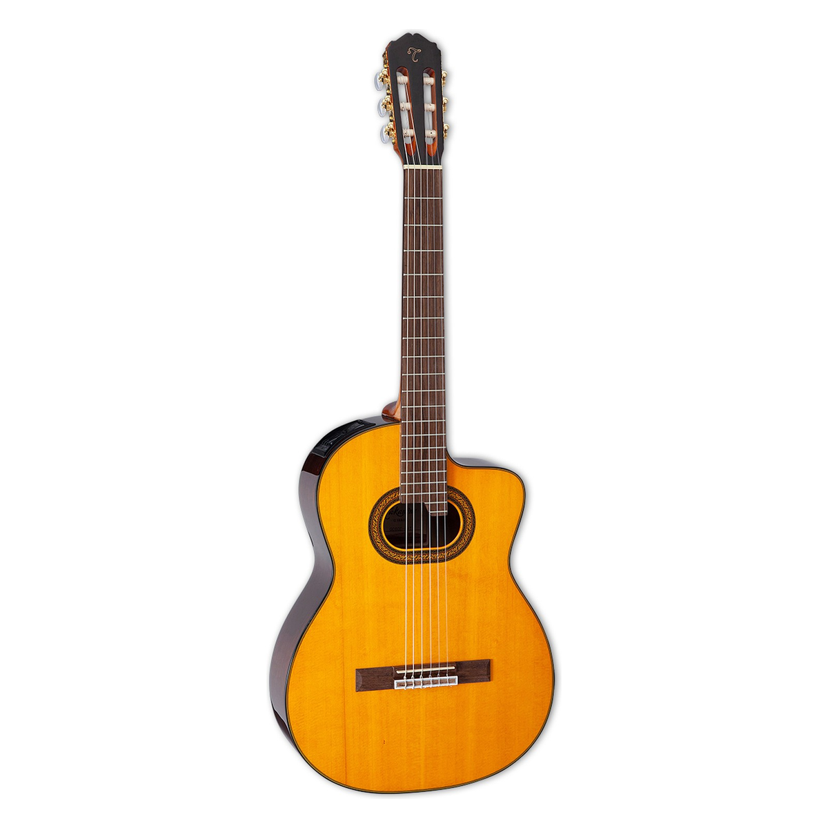 Takamine GC6CE natural classical cutaway acoustic-electric guitar with an oval soundhole and gold tuners, standing upright.