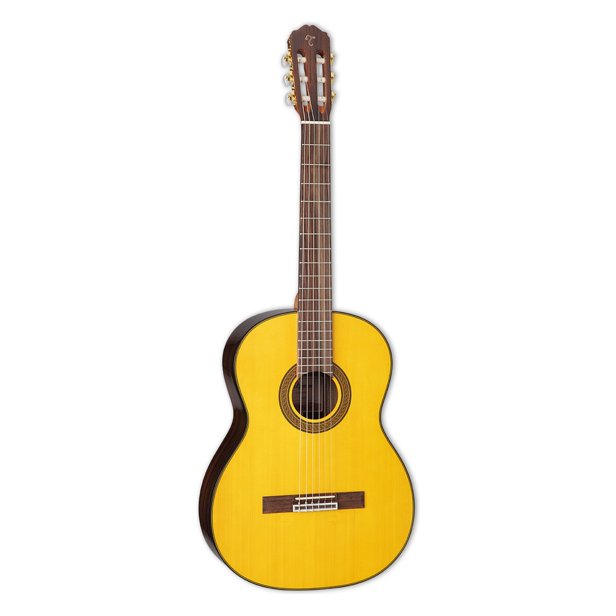 Takamine GC5 natural classical guitar with a golden solid spruce top and gold tuners, standing upright.
