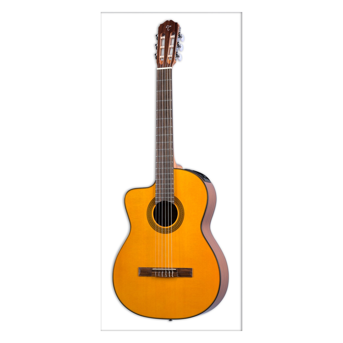 Takamine GC1CE left-handed classical cutaway acoustic-electric guitar with a natural spruce top, standing upright.