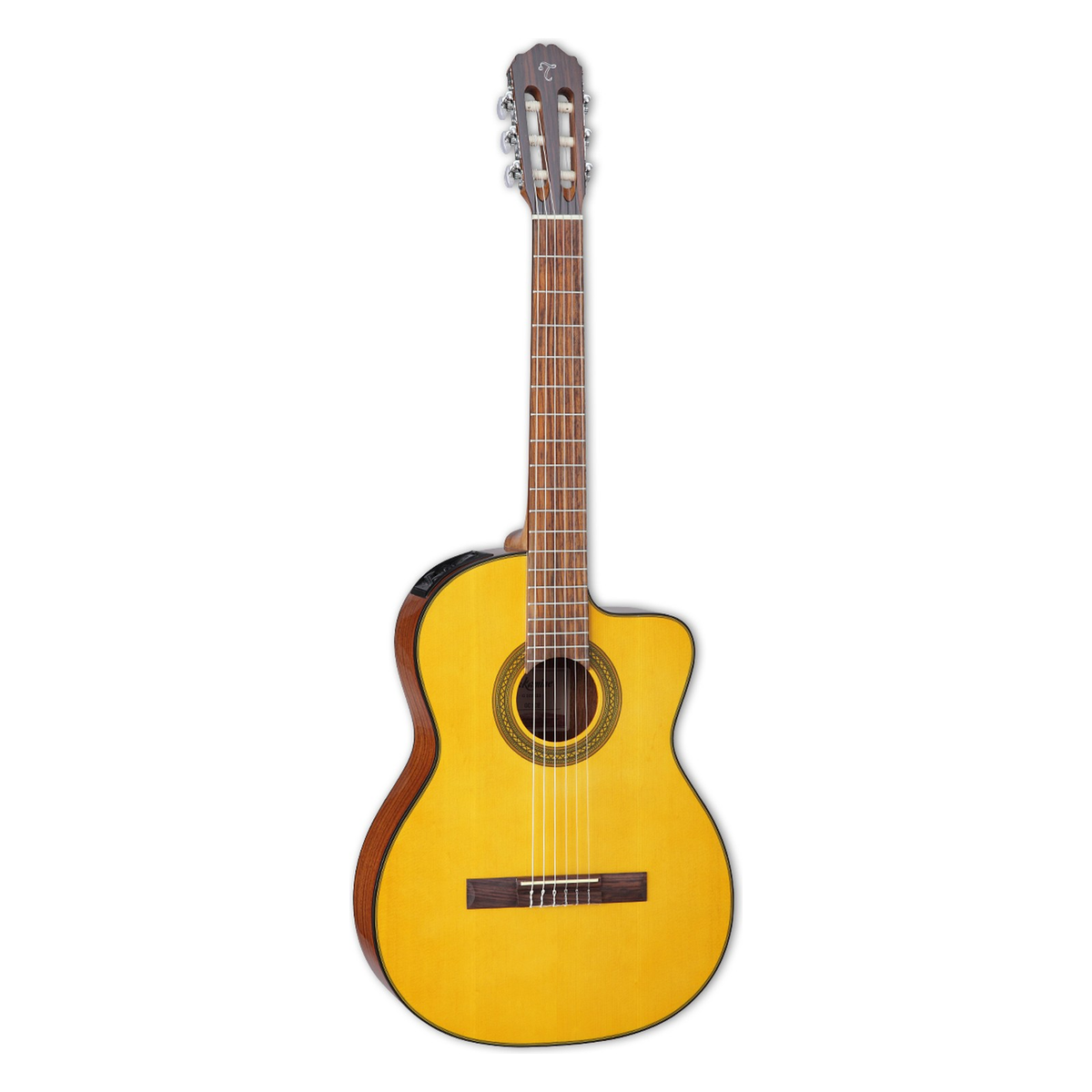 Takamine GC1CE natural classical cutaway acoustic-electric guitar with a golden spruce top and chrome tuners, standing upright.