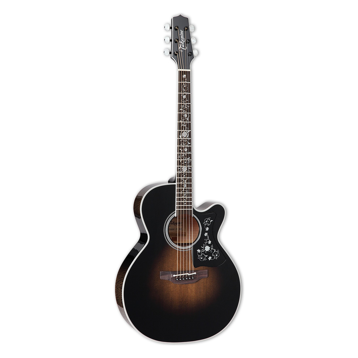 Takamine EF450C TT NEX cutaway acoustic-electric guitar in gloss transparent blackburst with Grass Flower fingerboard inlays, standing upright.