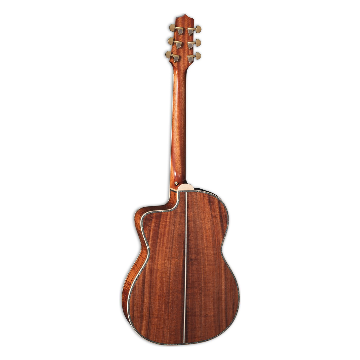 Back and neck of Takamine THE 60TH in figured solid Hawaiian koa with a mahogany neck, standing upright.