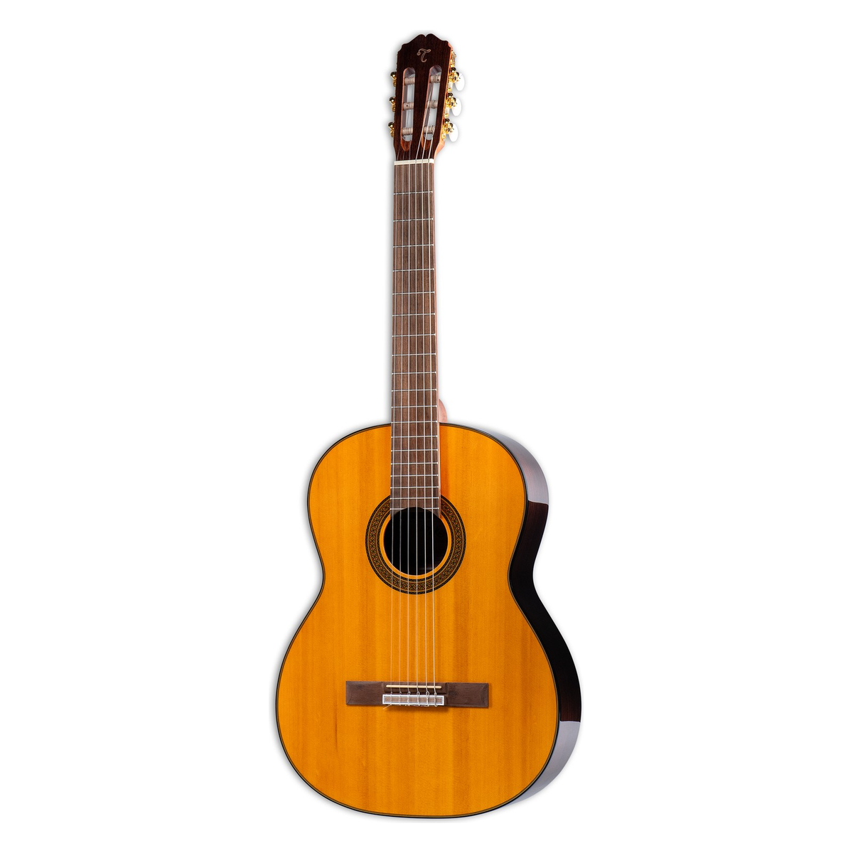 Takamine GC1 left-handed classical guitar with a natural spruce top, standing upright.