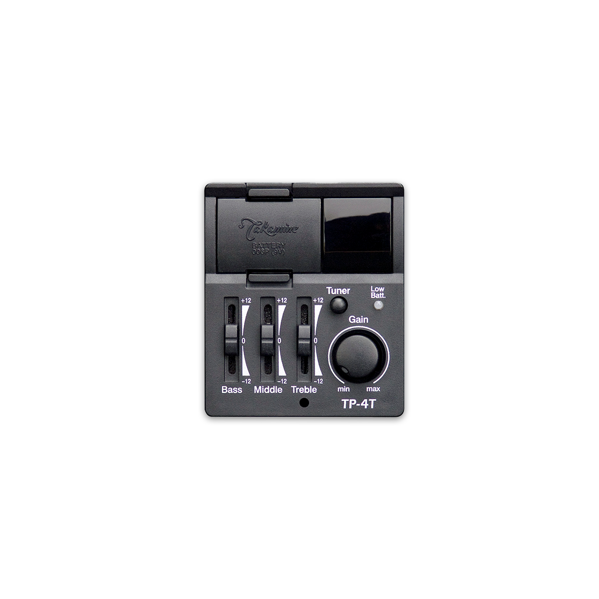 Takamine TP-4T preamp panel with a tuner, bass, middle and treble sliders, and a gain knob.