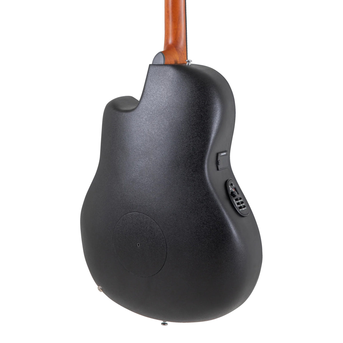 Body back of the Ovation CE44-4 Natural acoustic-electric guitar: black Lyrachord roundback bowl and the base of the neck
