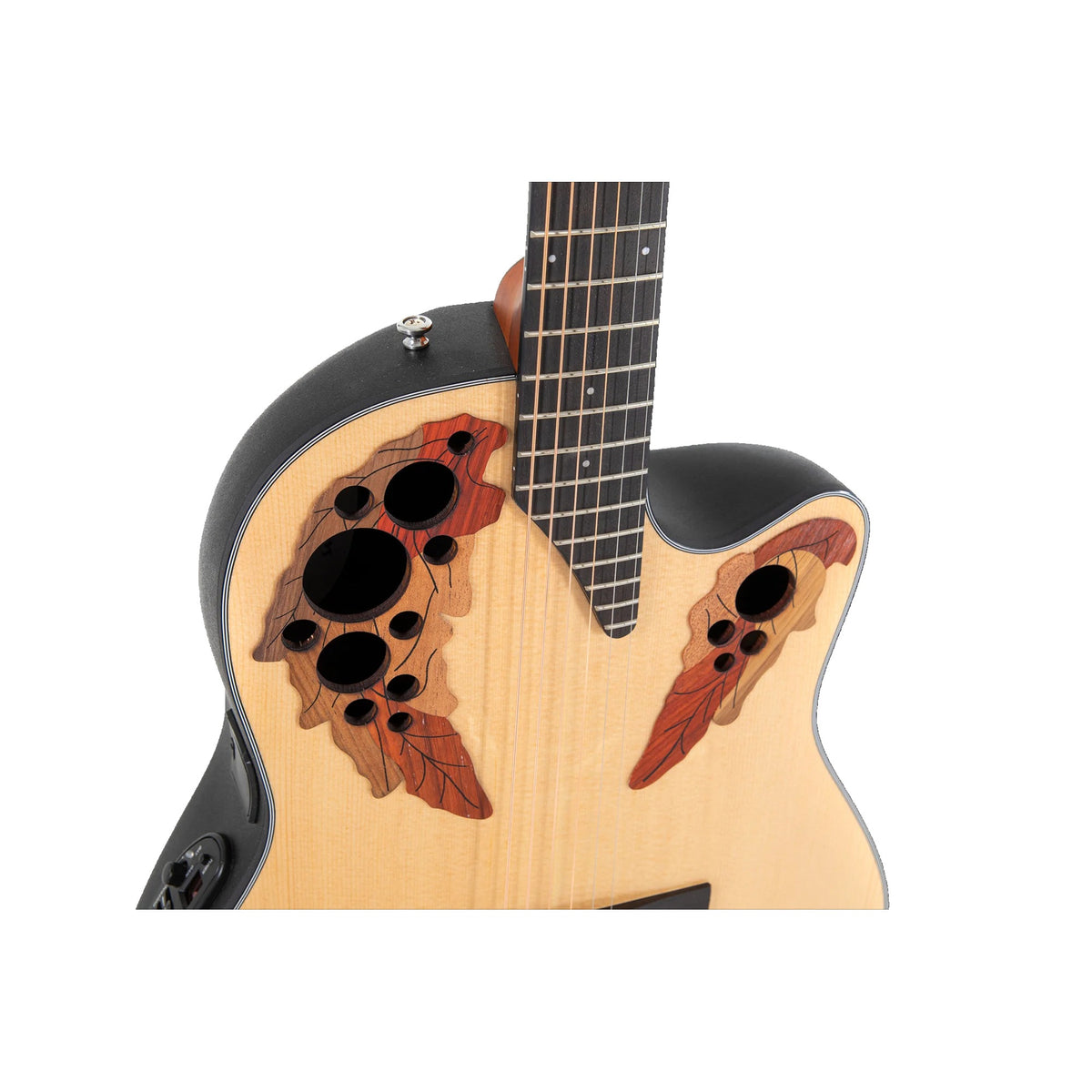 Close-up of the Ovation CE44-4 Natural acoustic-electric guitar upper bout: wood epaulette soundholes and cutaway