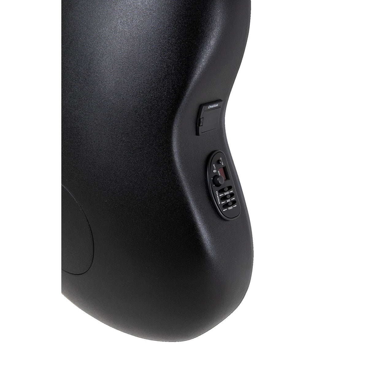Close-up of the Ovation CE44-5 Black acoustic-electric guitar side preamp and bowl edge