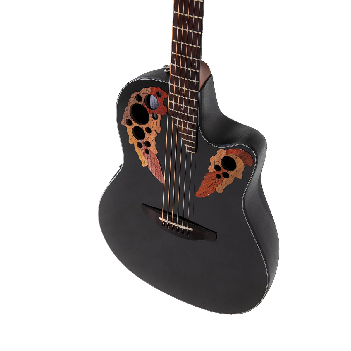 Front angle of the Ovation CE44-5 Black acoustic-electric guitar body, cutaway and bridge
