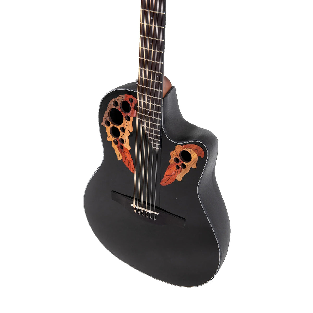 Ovation CE4412-5 black 12-string solid spruce top with multi-soundhole epaulettes and fretboard, front view