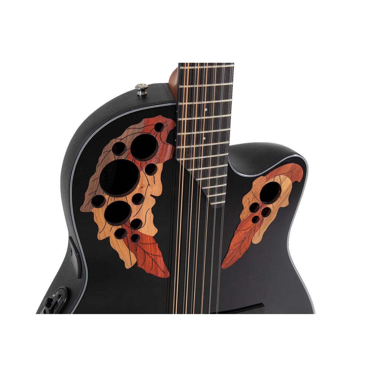 Close-up of the Ovation CE4412-5 multi-soundhole wood epaulettes on the black spruce top