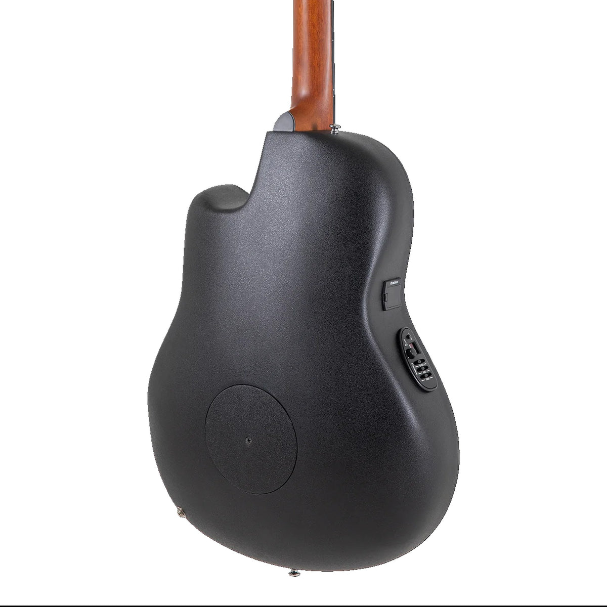 Body back of the Ovation CE4412-5 black 12-string: black mid-depth Lyrachord roundback bowl, preamp and nato neck