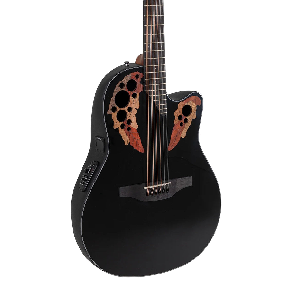 Body front of the Ovation CE4412-5 black 12-string acoustic-electric guitar: solid spruce top, multi-soundhole epaulettes, bridge and some fretboard