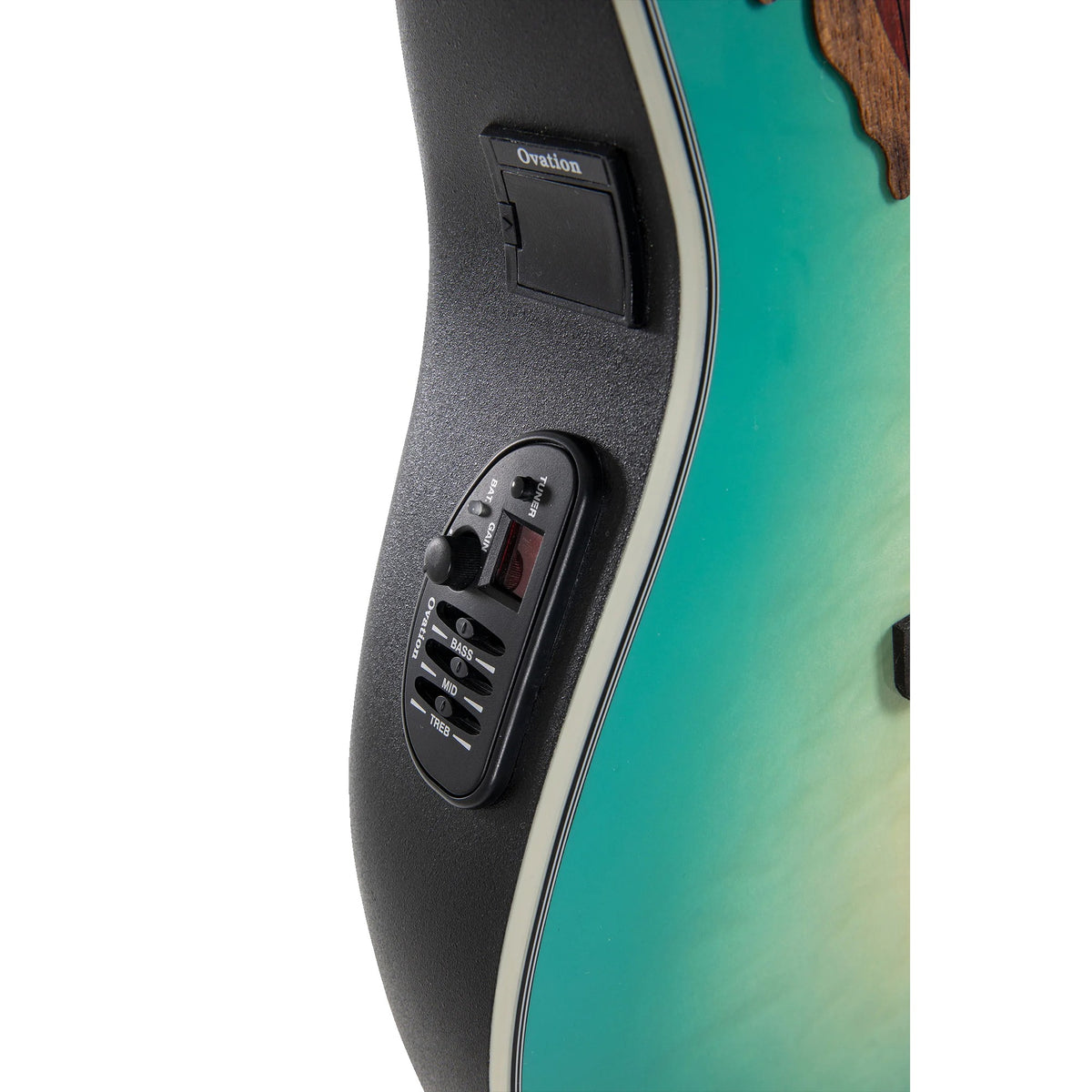 Ovation CE44X-9B OP-4CT preamp with built-in tuner on the upper bout
