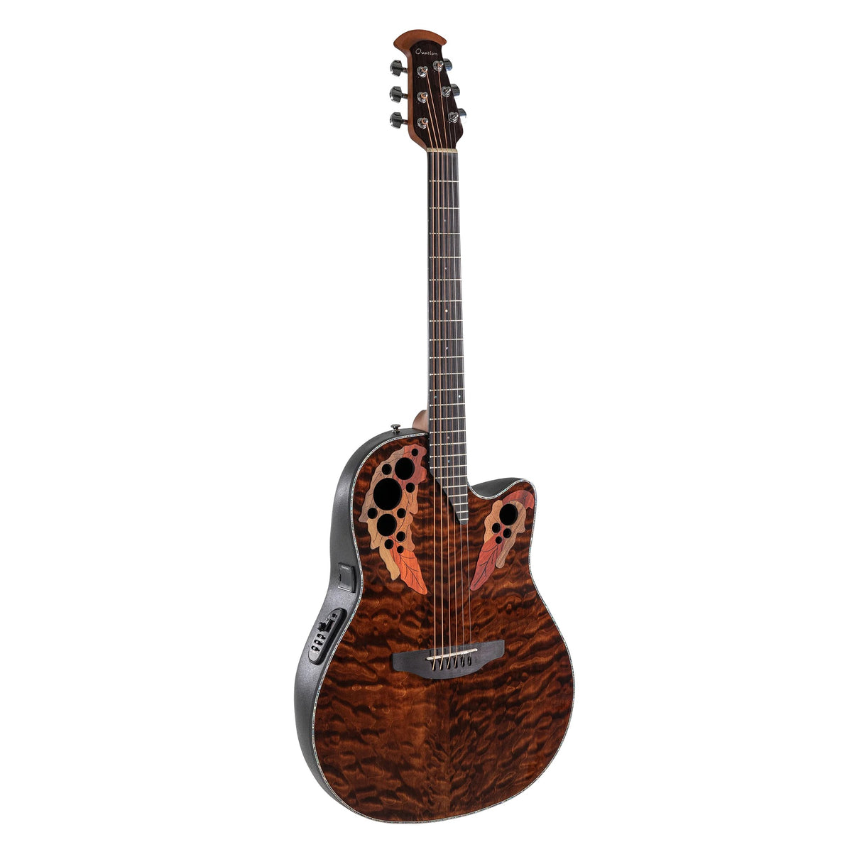 Full front of the Ovation CE44P-TGE Celebrity Elite Plus in high-gloss Dark Tiger Eye with cutaway