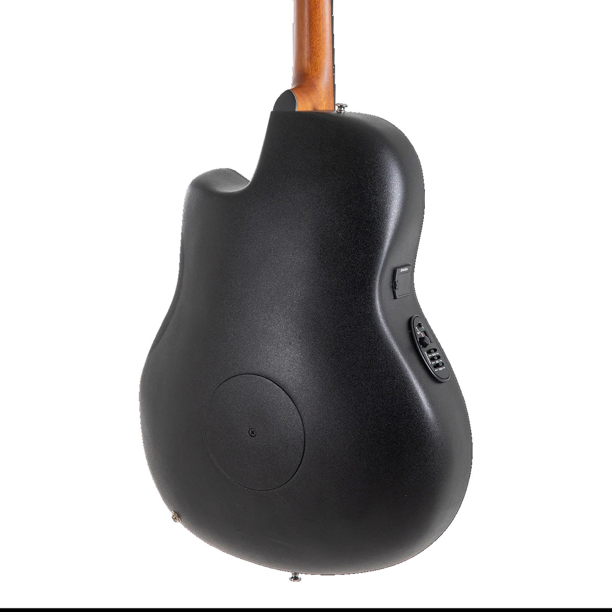 Body back of the Ovation CE44P-TGE Dark Tiger Eye: black mid-depth Lyrachord roundback bowl, preamp and nato neck