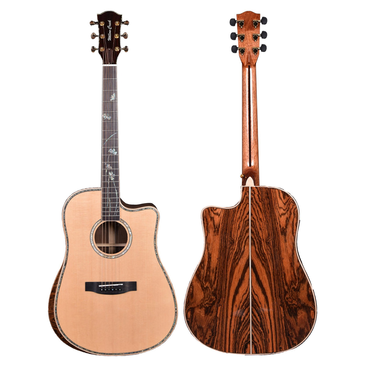 Willow Creek FX-PD9AY Black Ash Pro dreadnought cutaway, spruce front beside the figured black ash back.