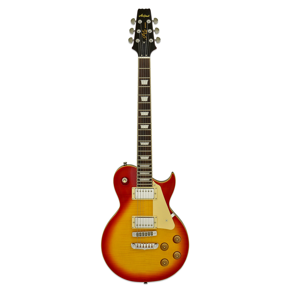 Aria PE-590STD single-cut electric guitar in aged cherry sunburst with a flame top, full-length front view