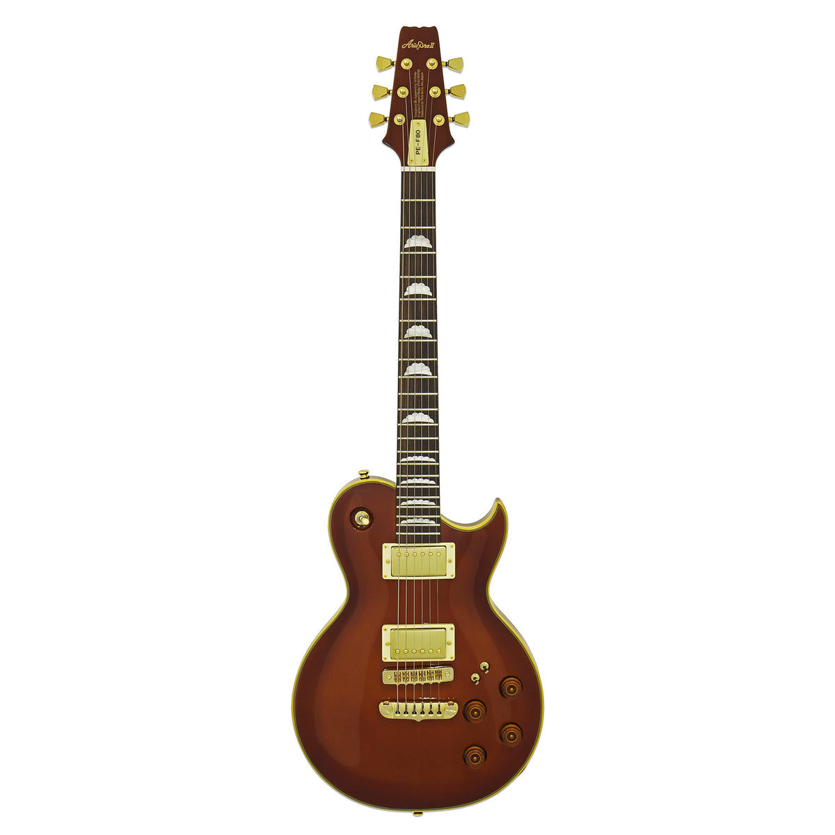 Aria PE-F80 single-cut electric guitar in stained brown with gold hardware, full-length front view