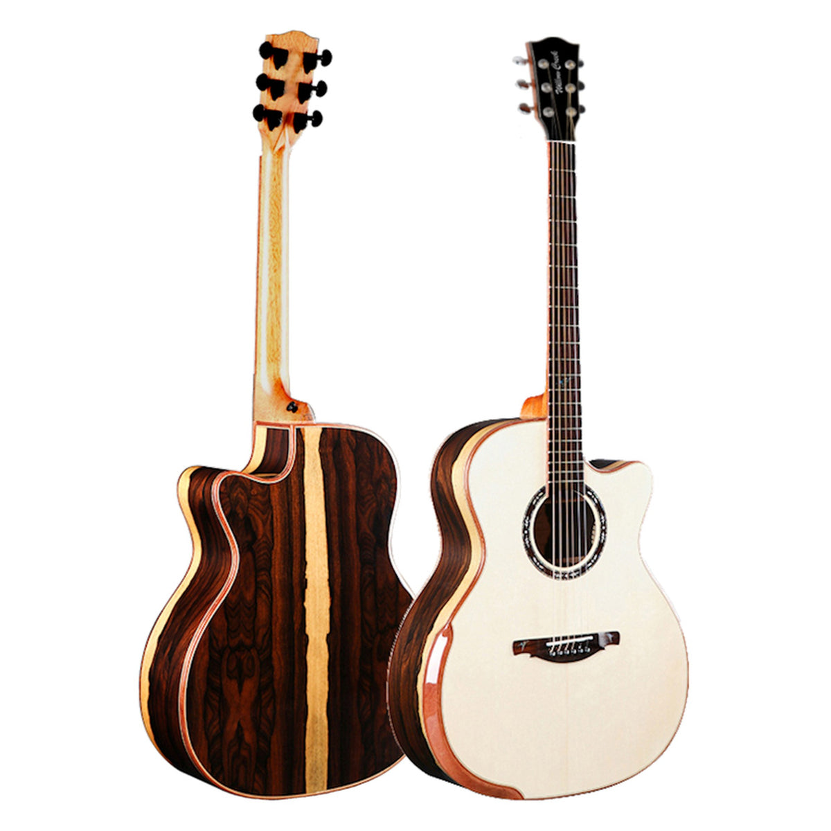 Willow Creek FX-PG9Z Ziricote Pro guitar, ziricote back with maple neck stripe beside the white spruce front.