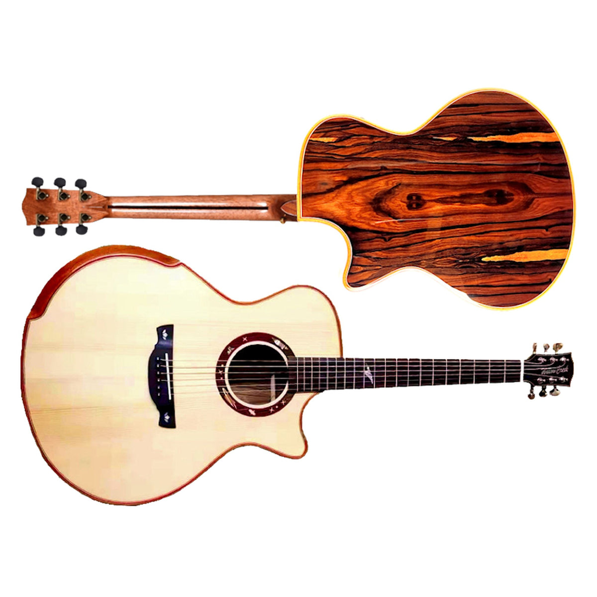Willow Creek FX-PG9Z+BT Ziricote Pro guitar, ziricote back and neck above the spruce-top front with cutaway and rosette.