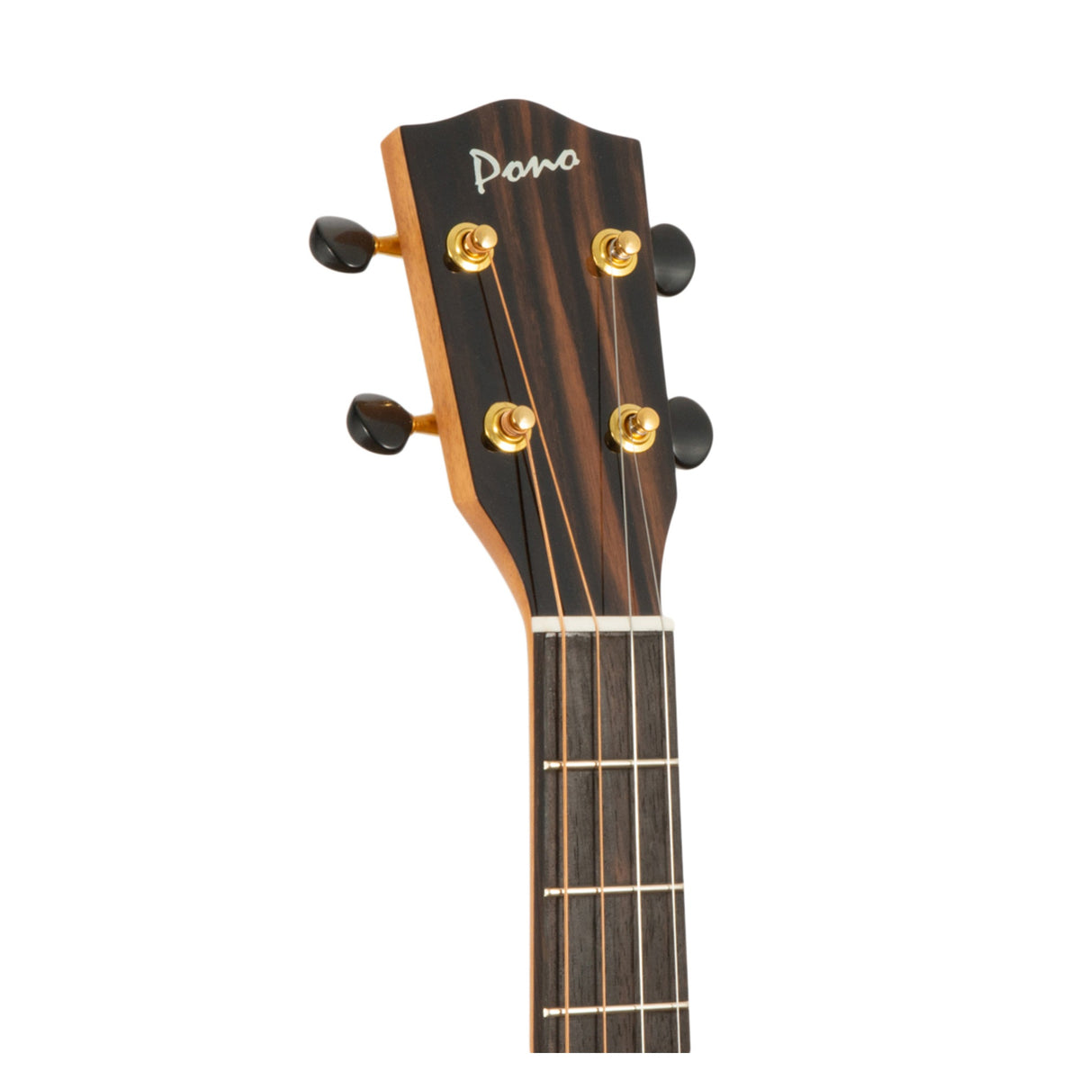 Representative photo of a Pono UL4 headstock front with ebony faceplate, Pono logo, gold tuners and black buttons (UL4-1 shown).