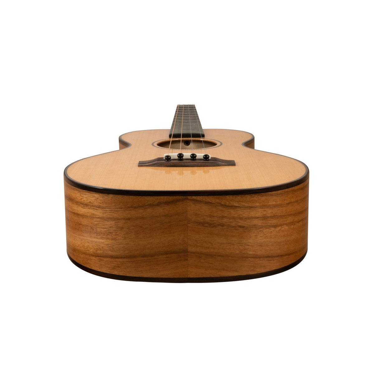 Representative photo of a Pono UL4 big baritone ukulele lying flat, side view of the body (UL4-1 shown).
