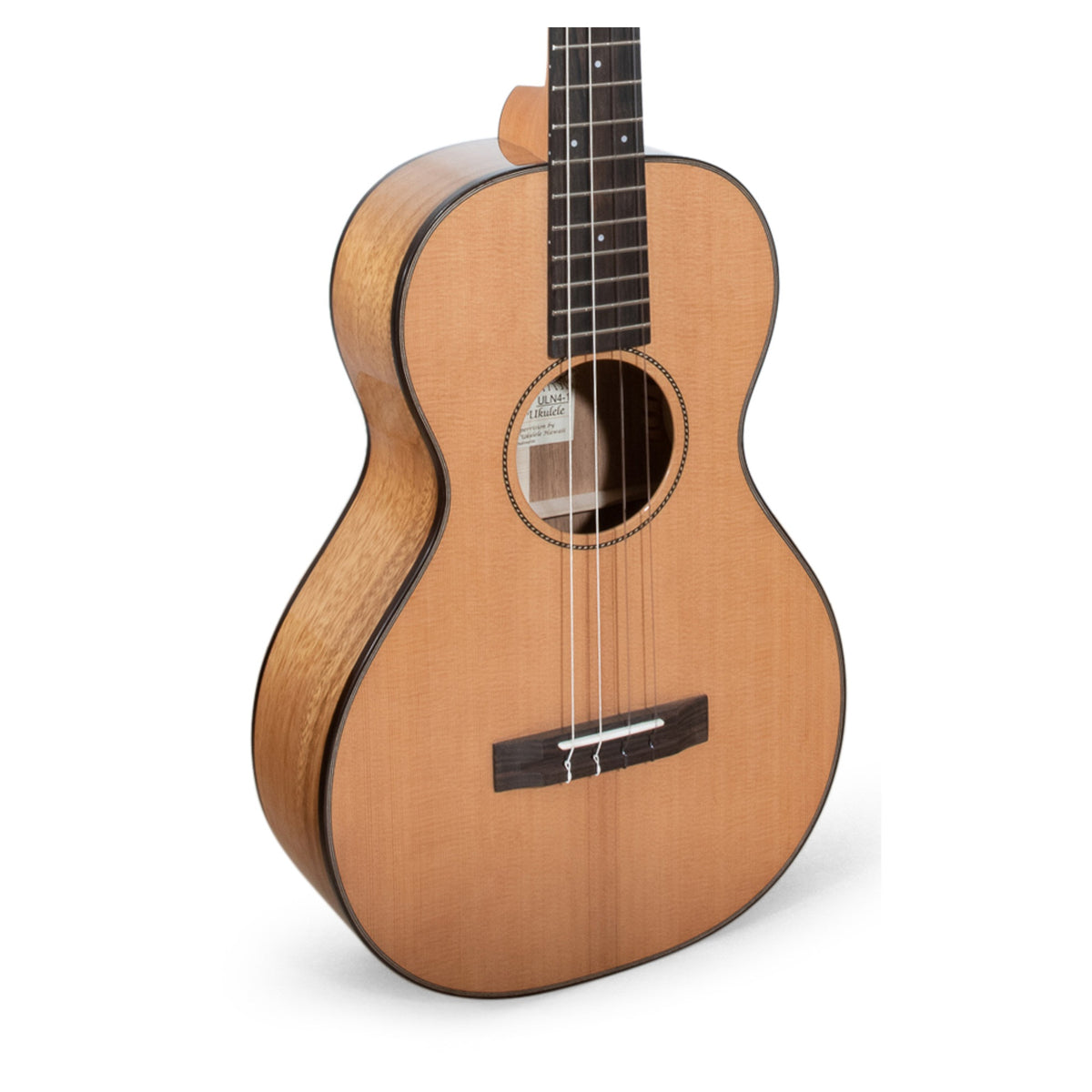 Pono ULN4-1 solid cedar top big baritone ukulele, front of the body with rosette, ebony bridge and rope binding.