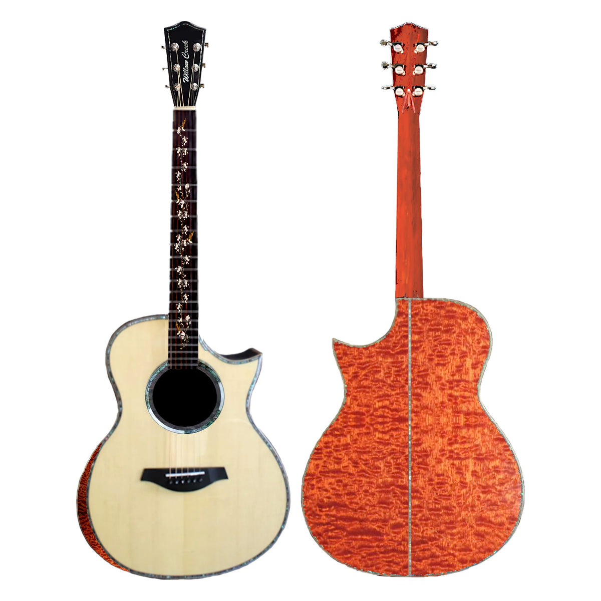 Willow Creek FX-SG9B Hummingbird Elite standing upright, Sitka spruce front beside the burled mahogany back.