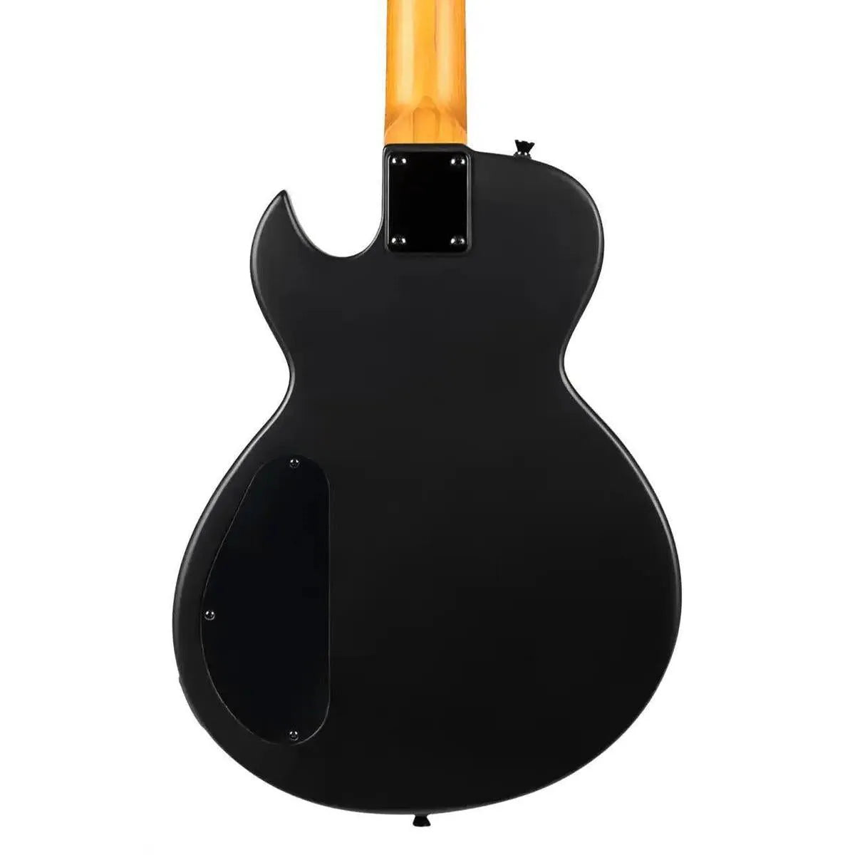 Spira L-400 MBK satin black solid body electric guitar, back view, with roasted maple neck.