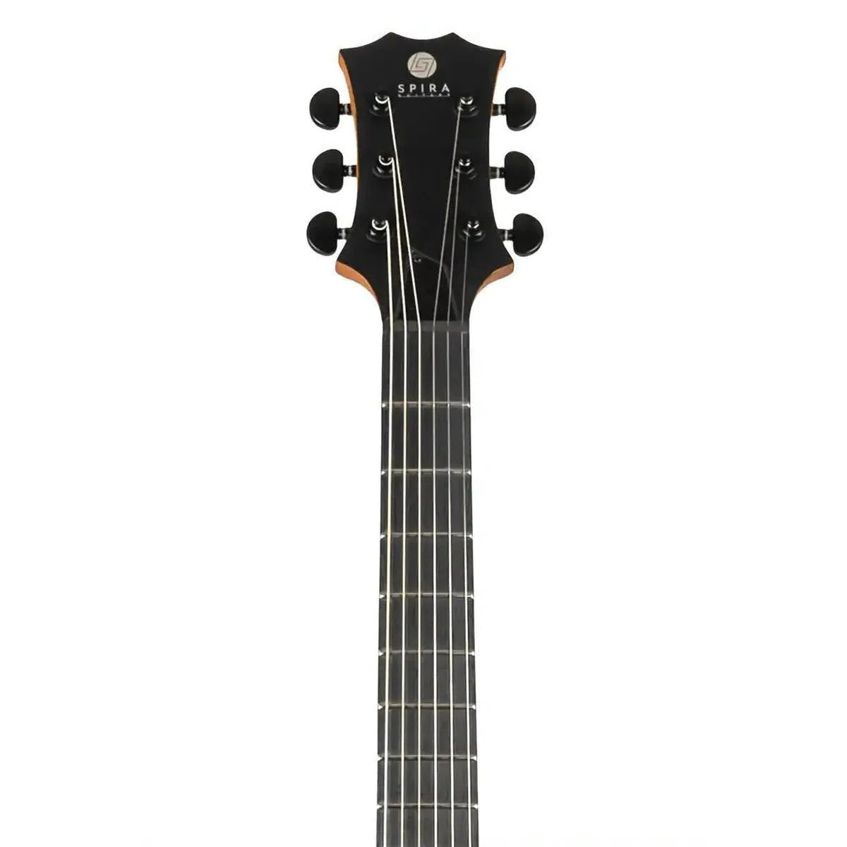 Spira L-400 MBK electric guitar headstock and fretboard, satin black finish with black tuners.