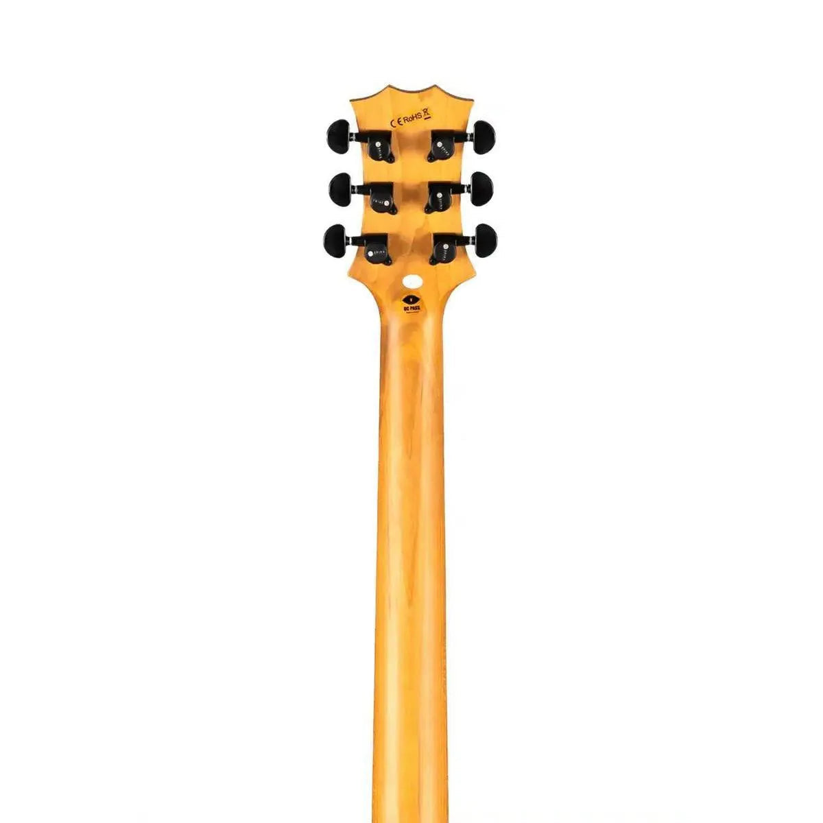 Spira L-400 MBK electric guitar's roasted maple neck and headstock with black tuners.