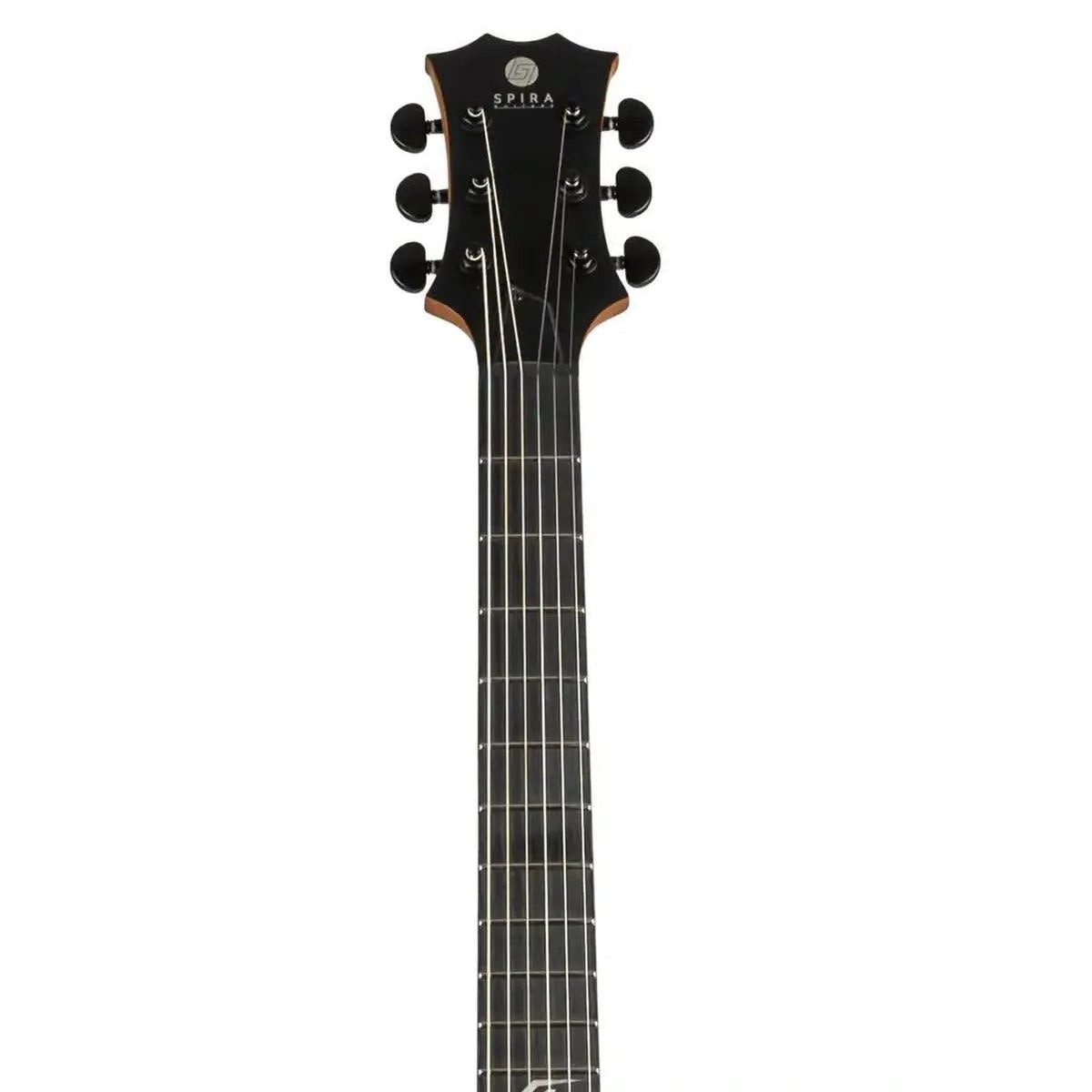 Spira L-400 electric guitar headstock and fretboard with black tuners and dark wood finish.