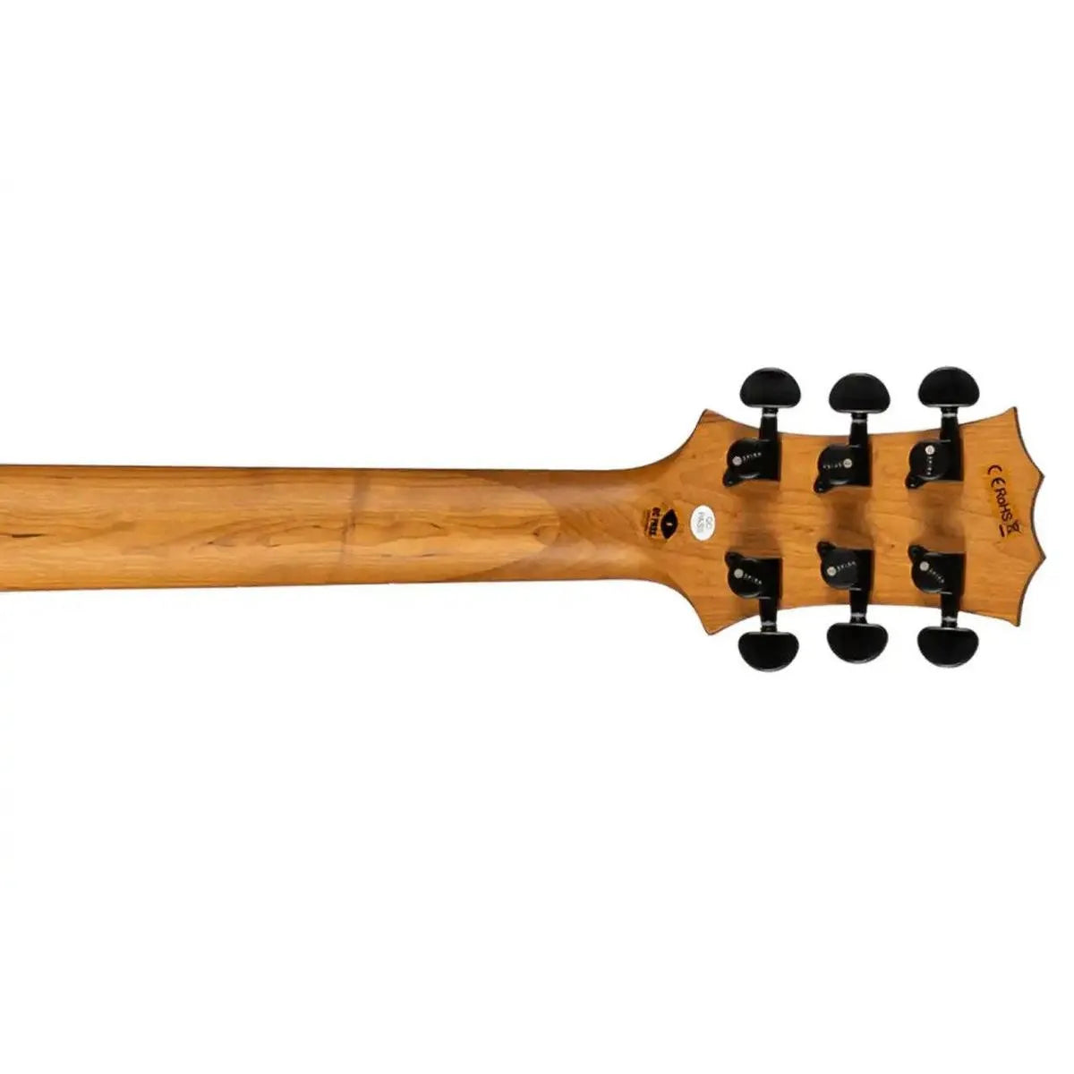 Spira L-400 MWH electric guitar's roasted maple neck and headstock with black tuners.