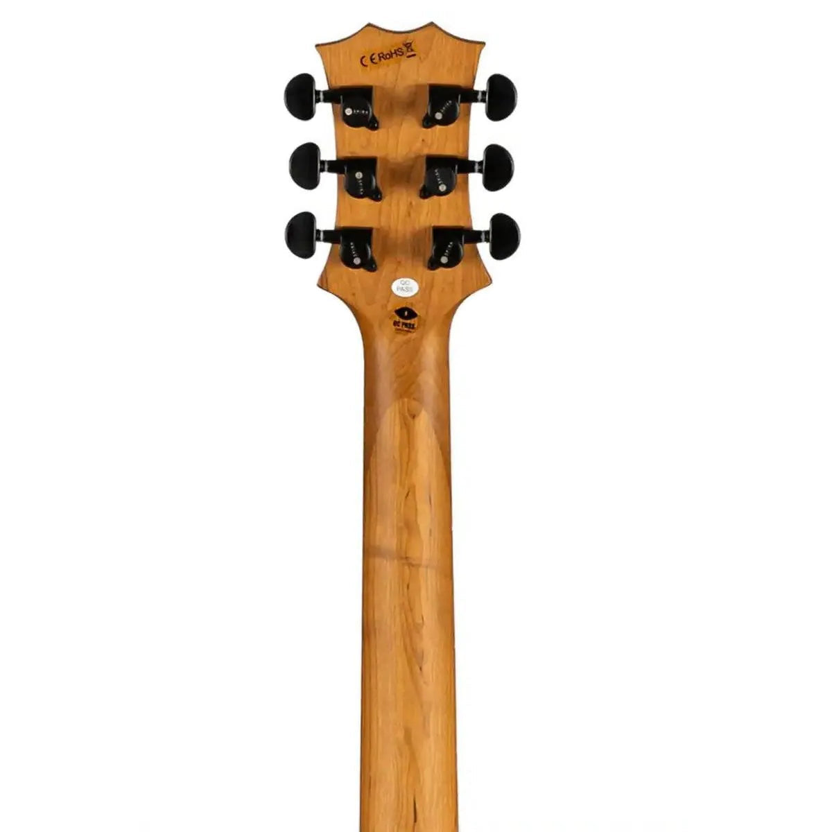 Spira L-400 MWH electric guitar's roasted maple neck and headstock with black tuners.