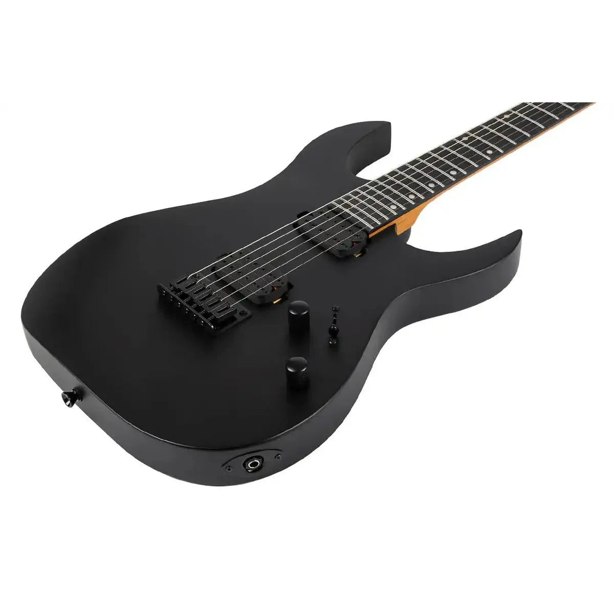 Spira S-400 MBK Satin Black solid body Stratocaster electric guitar with black hardware.