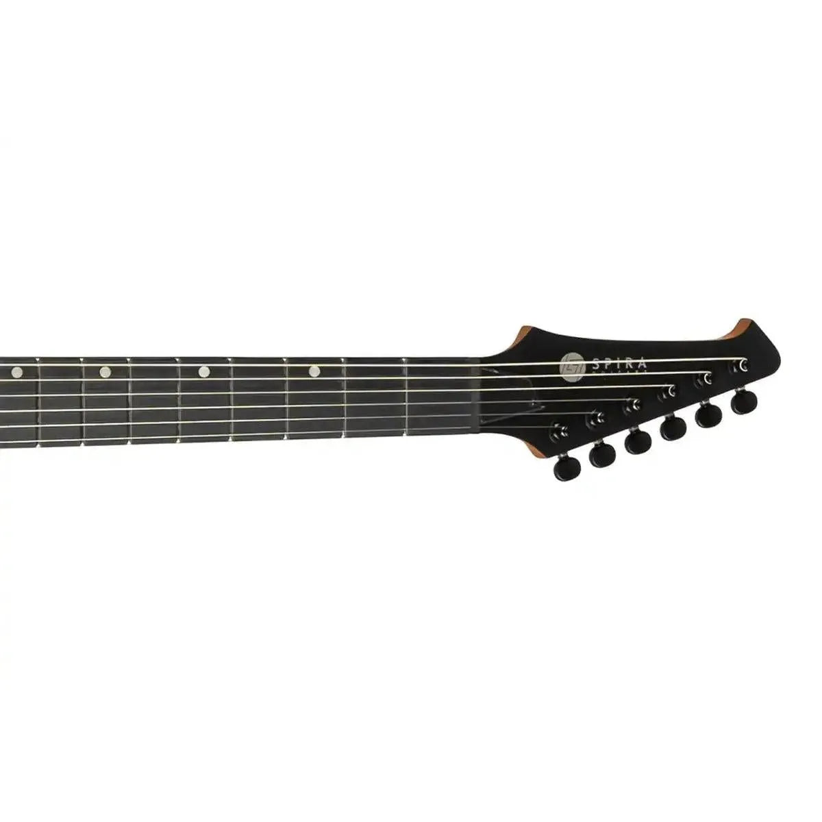 Spira S-400 MBK electric guitar headstock and fretboard with satin black finish and black locking tuners.