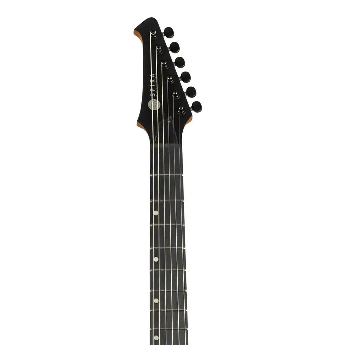 Spira S-400 MBK electric guitar headstock and fretboard with satin black finish and black locking tuners.