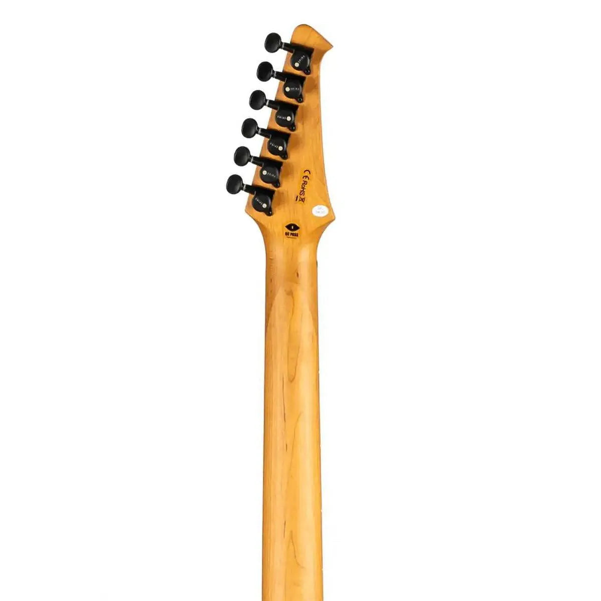 Spira S-400 MBK Stratocaster electric guitar's roasted maple neck and black locking tuners.