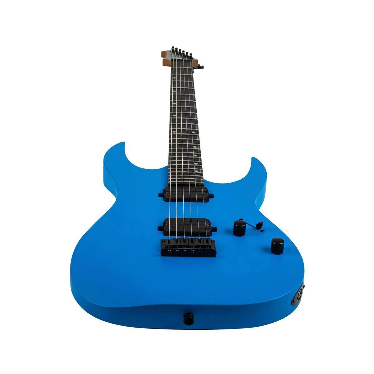 Spira S-400 MBL Satin Blue solid body electric guitar with black hardware and ebony fretboard.