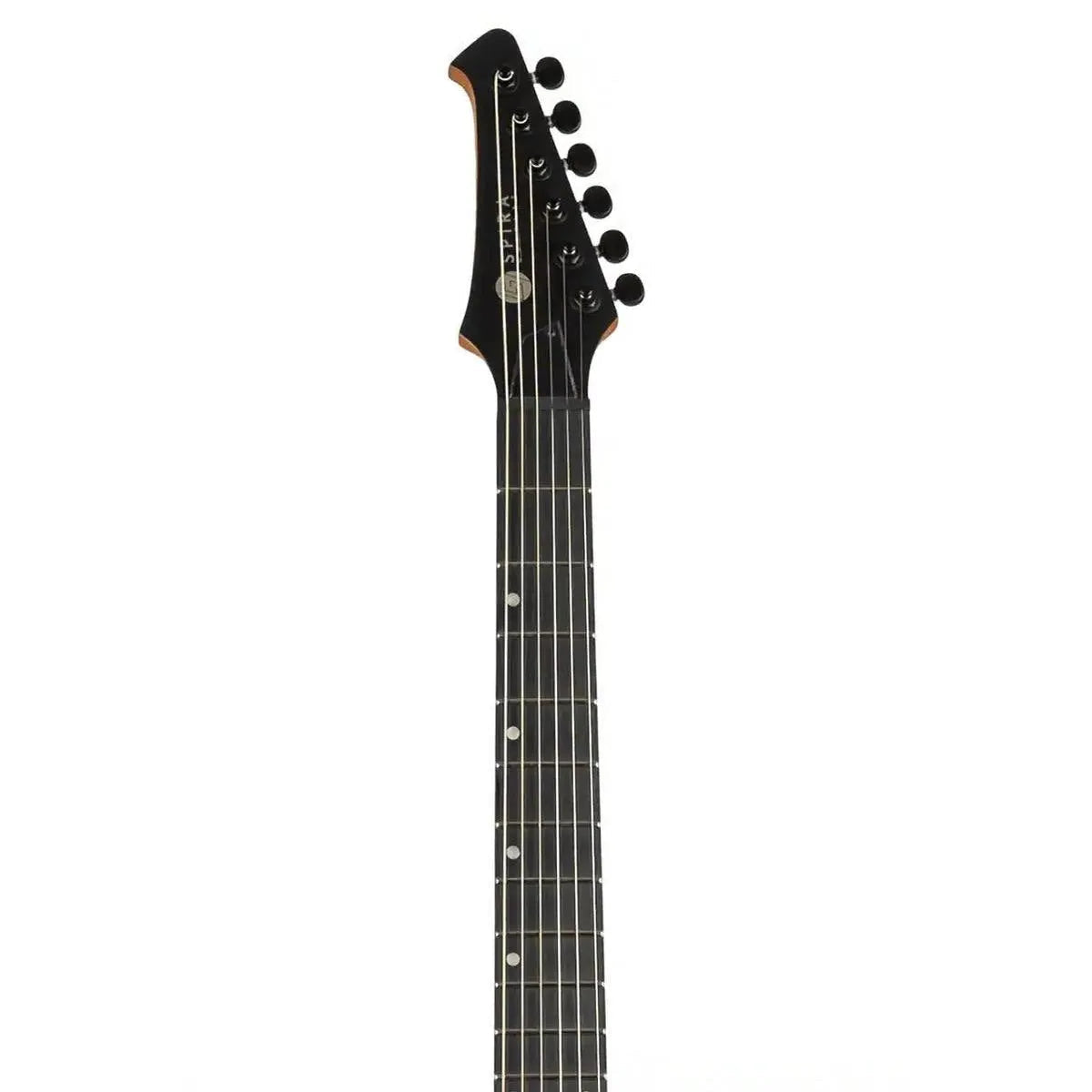 Spira S-400 MBL electric guitar headstock and fretboard with black locking tuners and ebony tech fretboard.