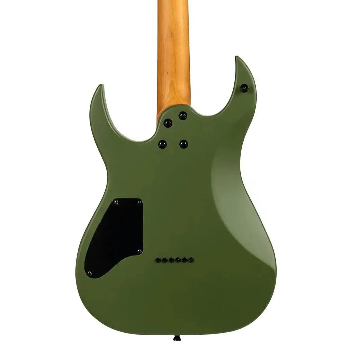 Spira S-400 MGR dark green solid body electric guitar, back view, with roasted maple neck.