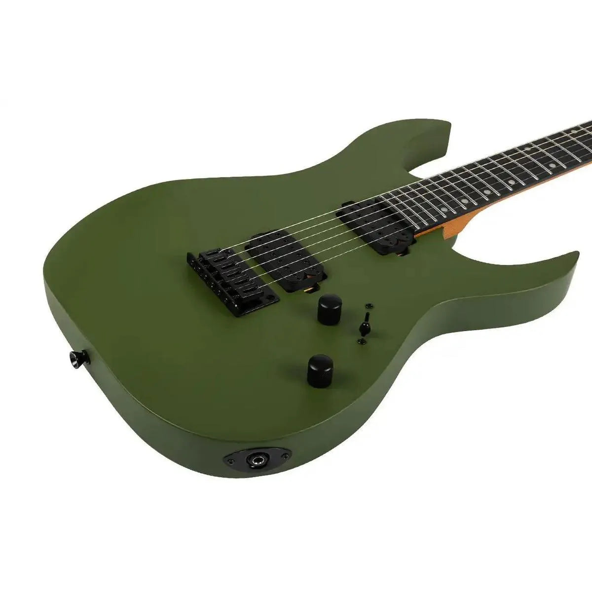 Spira S-400 MGR dark green solid body Stratocaster electric guitar with black hardware.