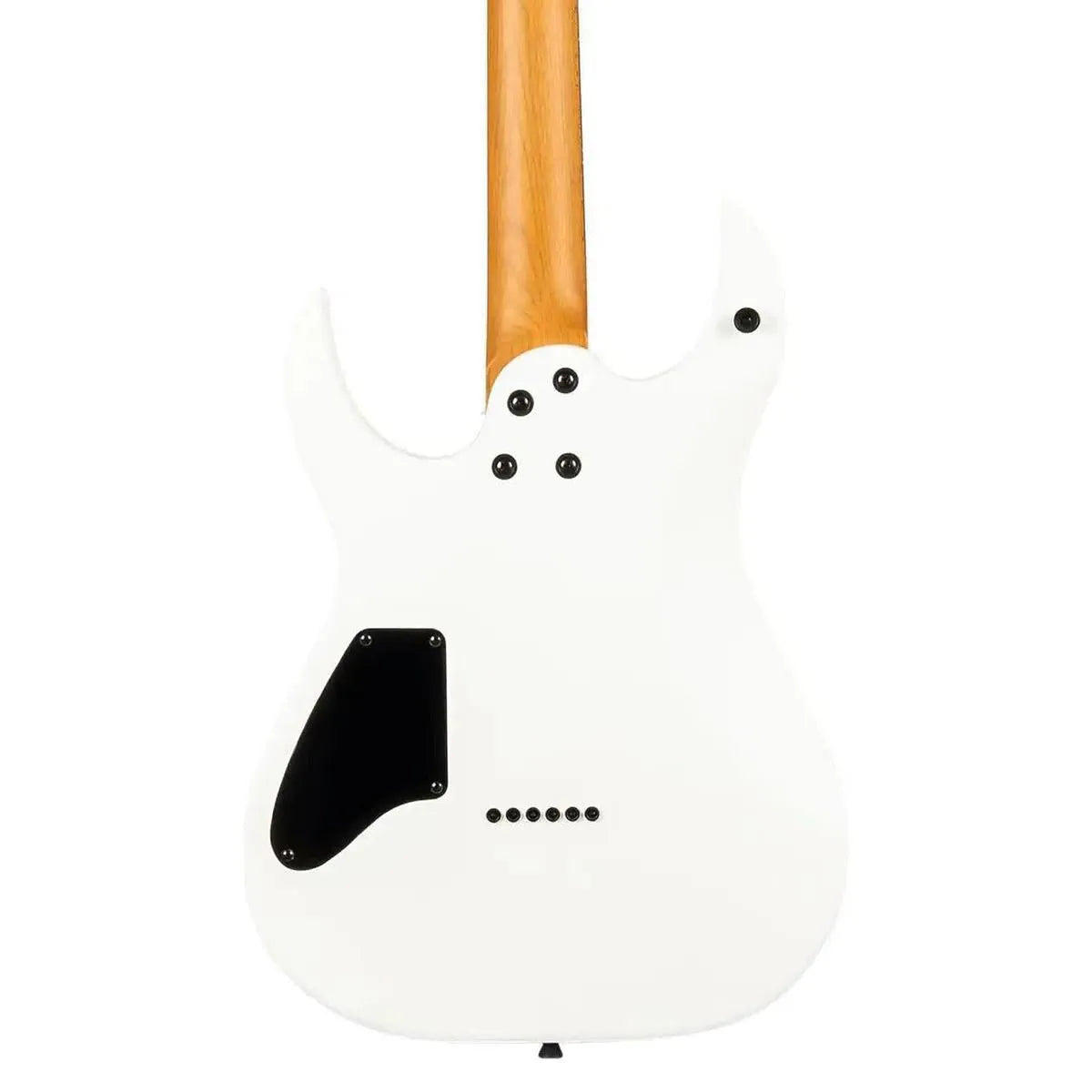 Back of a Spira S-400 MWH satin white solid body electric guitar with a natural wood neck.